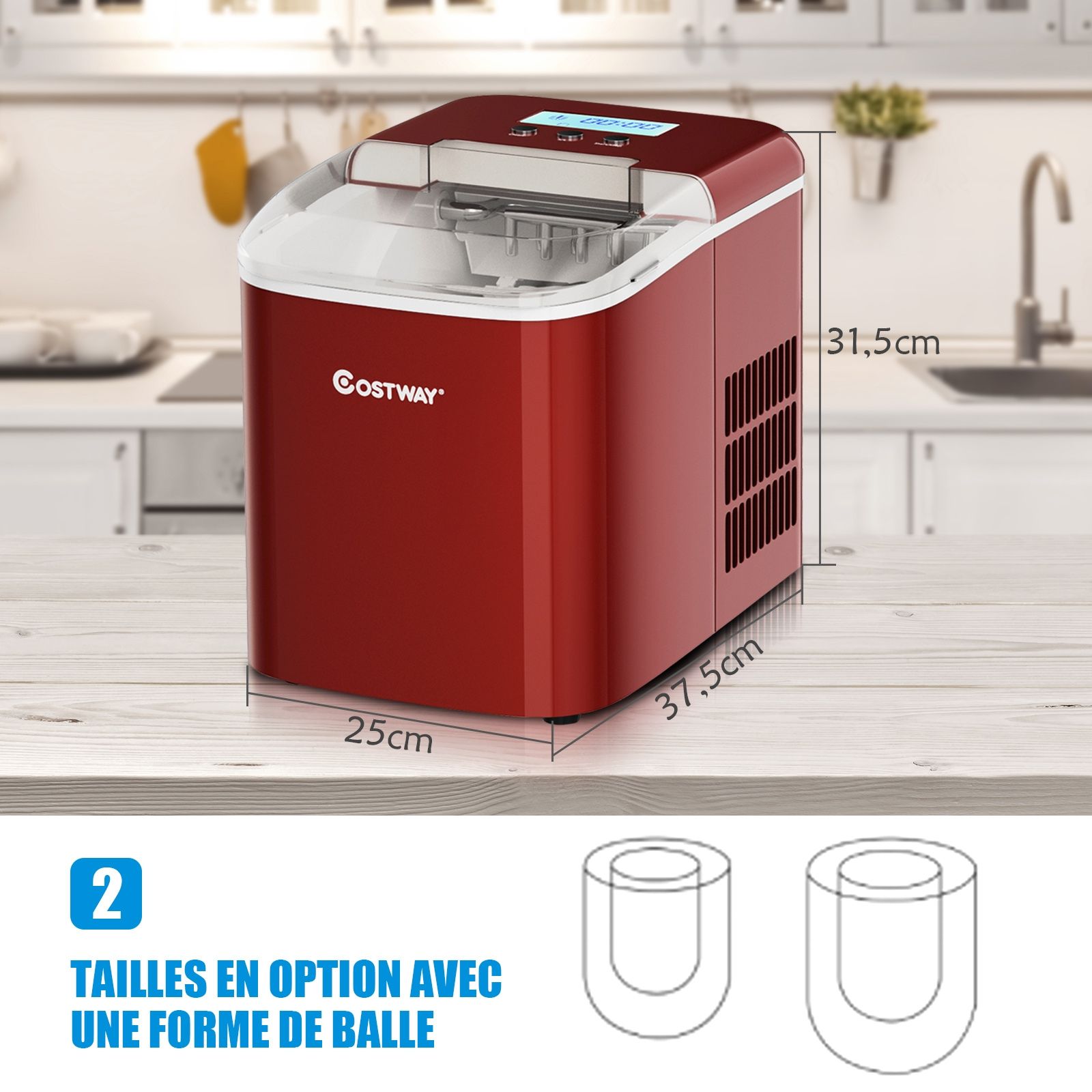 Machine Glaons 12KG/24H 2 Tailles de Glaons 2,1L Rservoir 9pcs en 7 Minutes Pelle Panier Amovible Comptoir Maison Rouge -