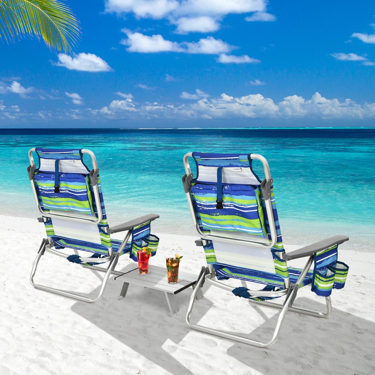 Lot de 2 Chaises de Camping Plage Pliante Table Enroulable en Aluminium Appui-tête Dossier Réglable à 5 Positions 6 Couleurs au Choix -
