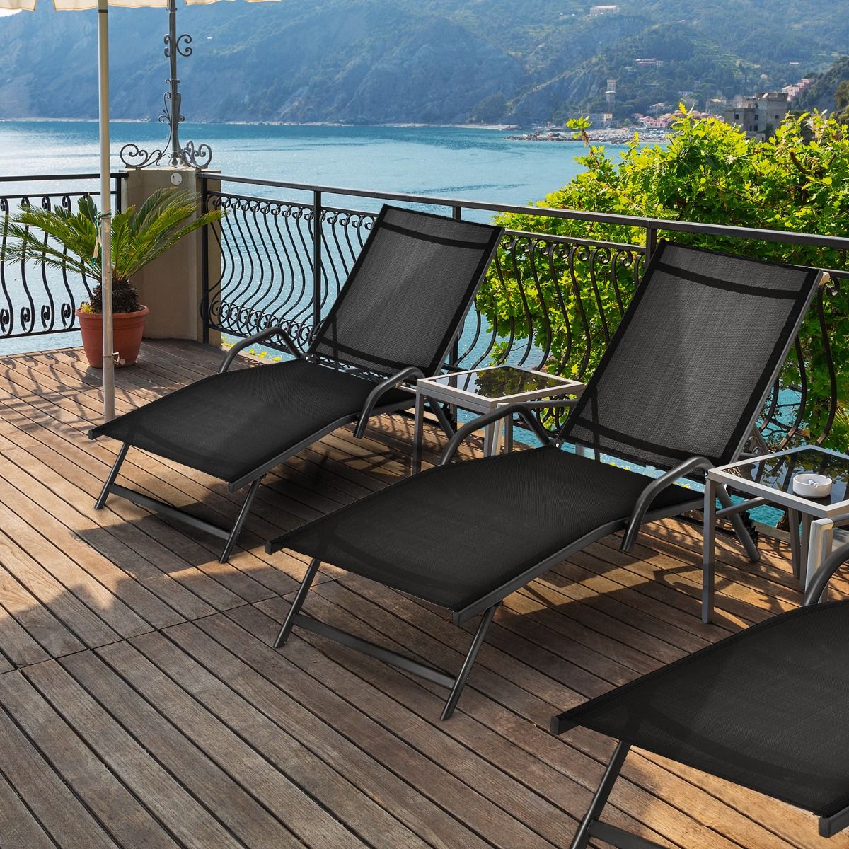 Lot de 2 Bains de Soleil Inclinables d'Extrieur avec Accoudoirs et Dossier Rglable 5 Positions Charge 160 kg Noir -