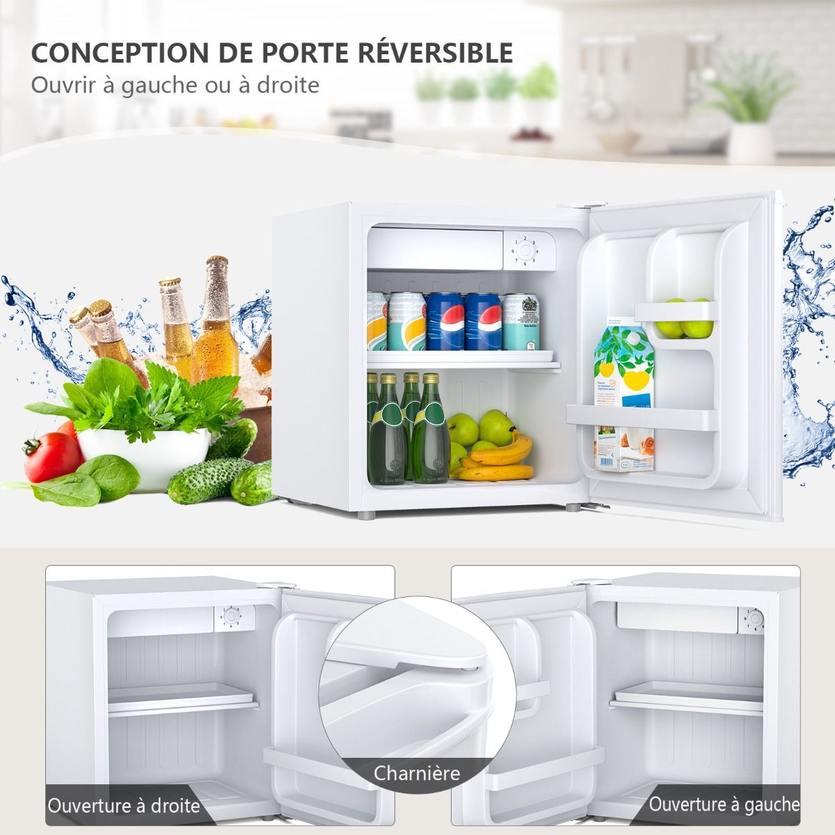 Mini Rfrigrateur 48L,2 niveaux et porte-bouteille,bac lgumes,Silencieux 230V,46 x 44 x 49 cm,Blanc -