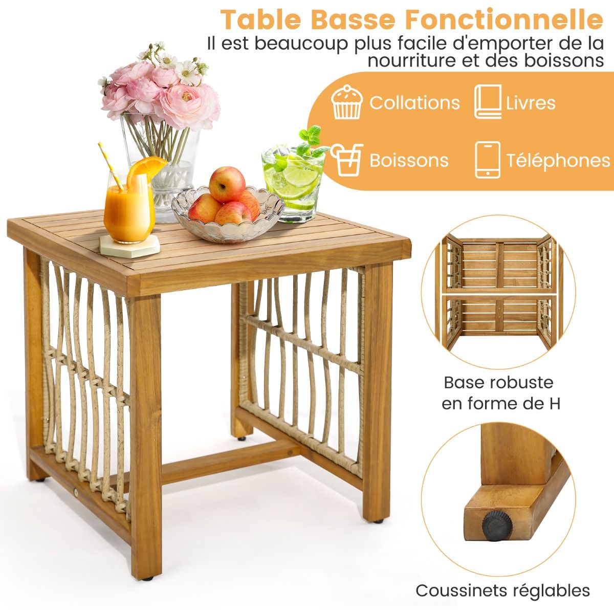 Salon de Jardin avec 1 Table et 2 Fauteuils en Bois d'Acacia et Rotin Anti-UV Pieds Rglables Coussins avec Zip Nautel -