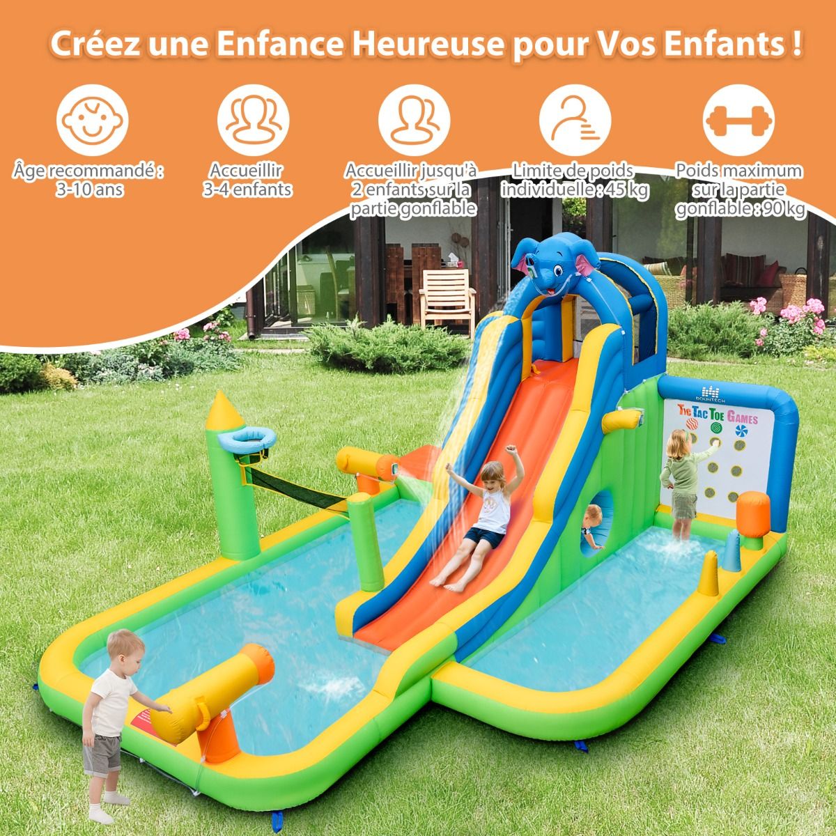 Toboggan Aquatique Gonflable Gant pour Enfants Piscine claboussures sures Mur D'escalade Canons Eau Lancer D'anneaux Cerceau (sans Souffleur) Multicolore -