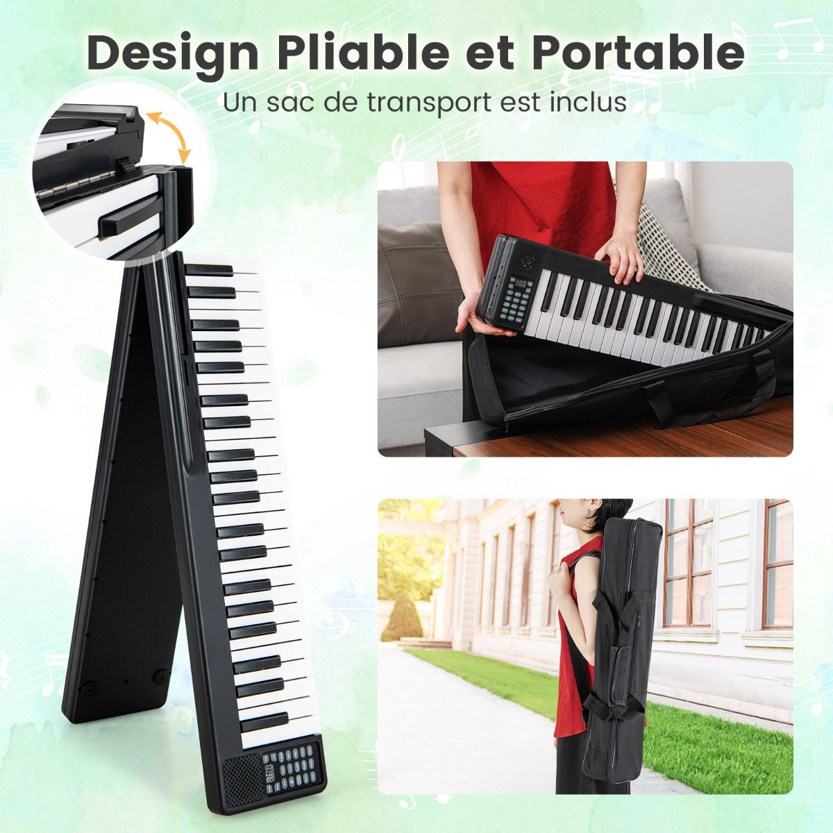 Piano Numrique Pliable 88 Touches avec Fonction Bluetooth MIDI Clavier lectronique Portable avec Pdale de Sustain Sac de Transport -