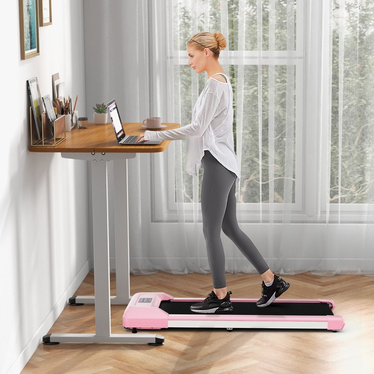 Tapis de Course Mince Tapis de Jogging avec Capacit de 120 Kg Tlcommande et cran Led Inclinable Roulettes Tapis de Course Glisser Gris/Noir/Rose -