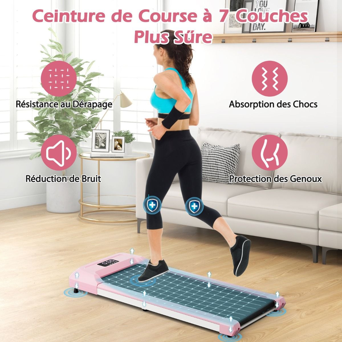 Tapis de Course Mince Tapis de Jogging avec Capacit de 120 Kg Tlcommande et cran Led Inclinable Roulettes Tapis de Course Glisser Gris/Noir/Rose -