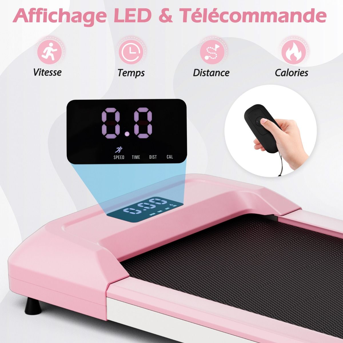 Tapis de Course Mince Tapis de Jogging avec Capacit de 120 Kg Tlcommande et cran Led Inclinable Roulettes Tapis de Course Glisser Gris/Noir/Rose -