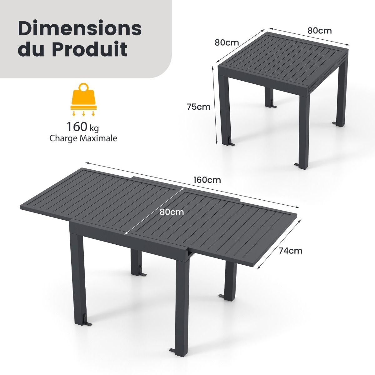 Table de Jardin Extensible en Aluminium Ajustable de 80 160 CM Table Manger Extrieure Plateau Lattes pour 4-6 Personnes Gris Fonc -