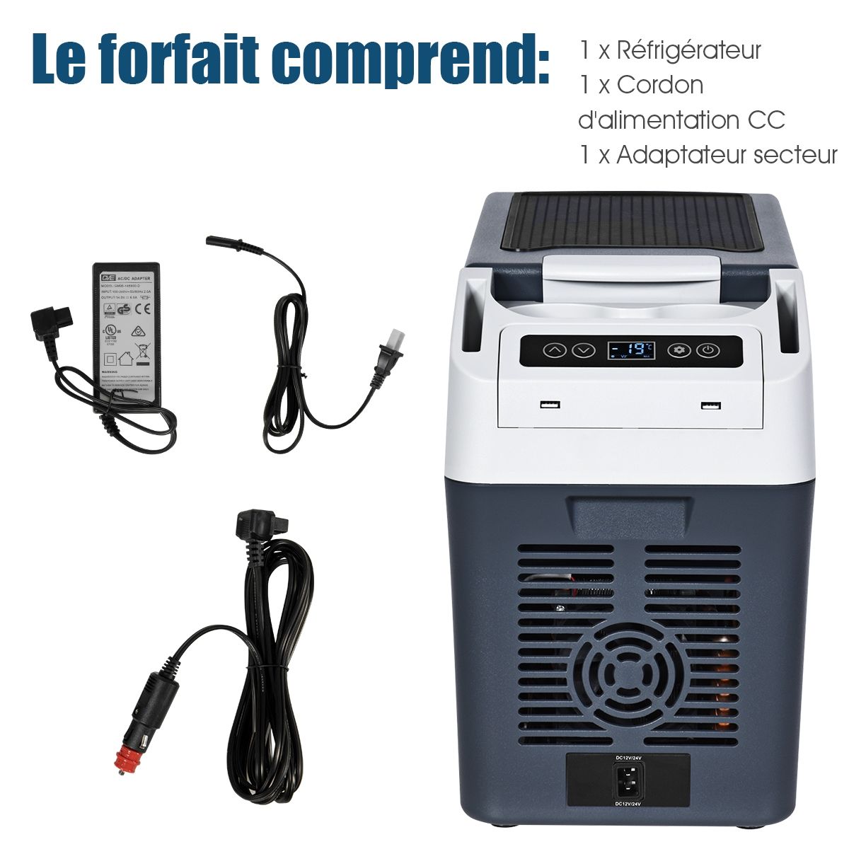 Rfrigrateur Conglateur de Voiture 12L Portable Compresseur -20掳C +10掳C Ampoules LED 2 Porte-gobelets 23x53x36cm -