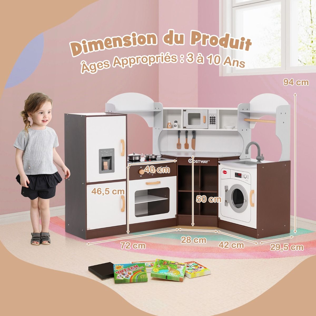 Jeu de Cuisine d'Angle pour Enfants de 3 Ans et Plus en Bois Machine Glaons Porte-serviettes Accessoires Effets Sonores et Lumineux -