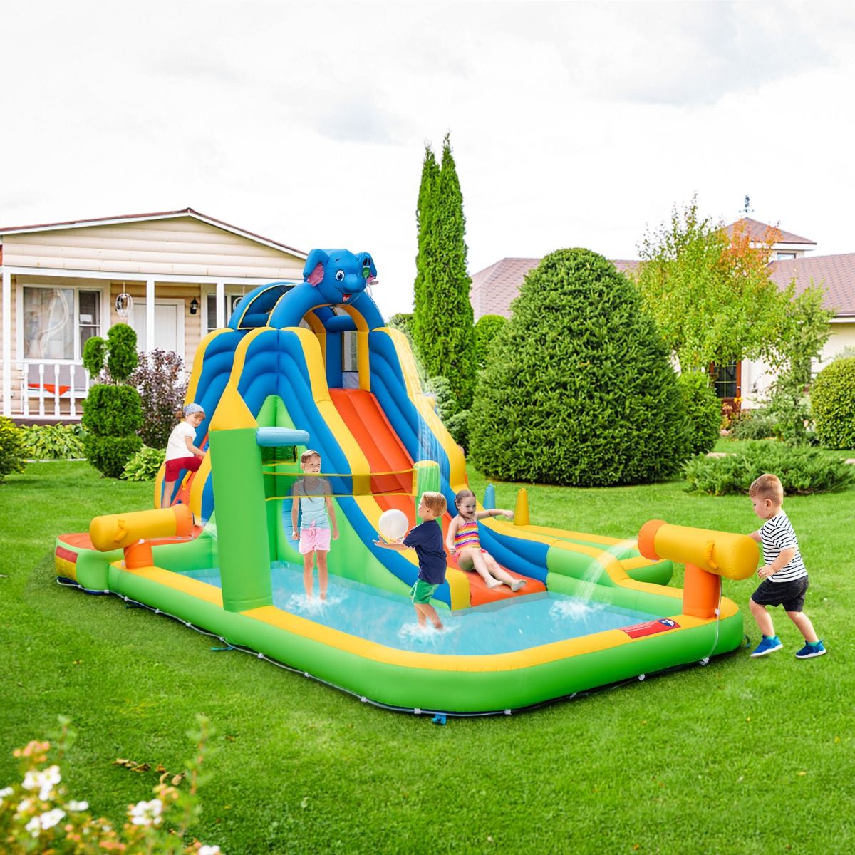 Toboggan Aquatique Gonflable Gant pour Enfants Piscine claboussures sures Mur D'escalade Canons Eau Lancer D'anneaux Cerceau (sans Souffleur) Multicolore -