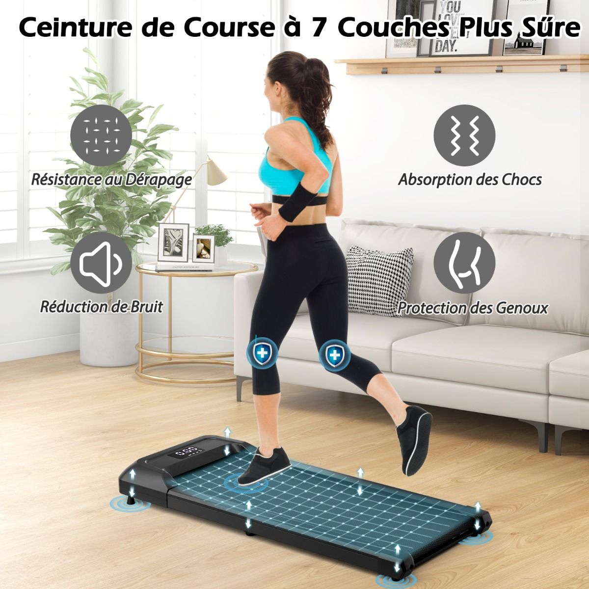 Tapis de Course Mince Tapis de Jogging avec Capacit de 120 Kg Tlcommande et cran Led Inclinable Roulettes Tapis de Course Glisser Gris/Noir/Rose -