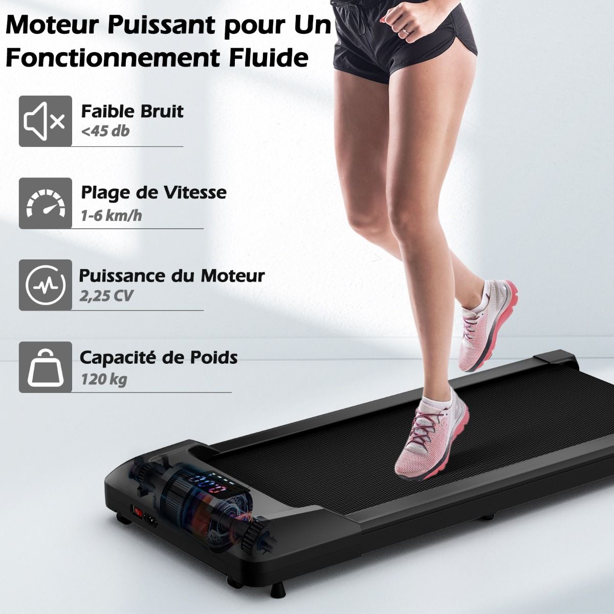 Tapis de Course Mince Tapis de Jogging avec Capacit de 120 Kg Tlcommande et cran Led Inclinable Roulettes Tapis de Course Glisser Gris/Noir/Rose -