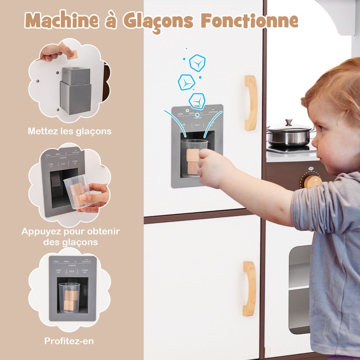 Jeu de Cuisine d'Angle pour Enfants de 3 Ans et Plus en Bois Machine Glaons Porte-serviettes Accessoires Effets Sonores et Lumineux -