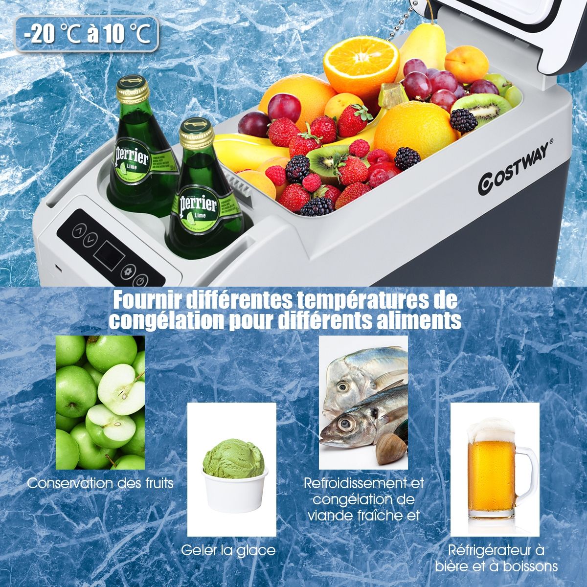Rfrigrateur Conglateur de Voiture 12L Portable Compresseur -20掳C +10掳C Ampoules LED 2 Porte-gobelets 23x53x36cm -