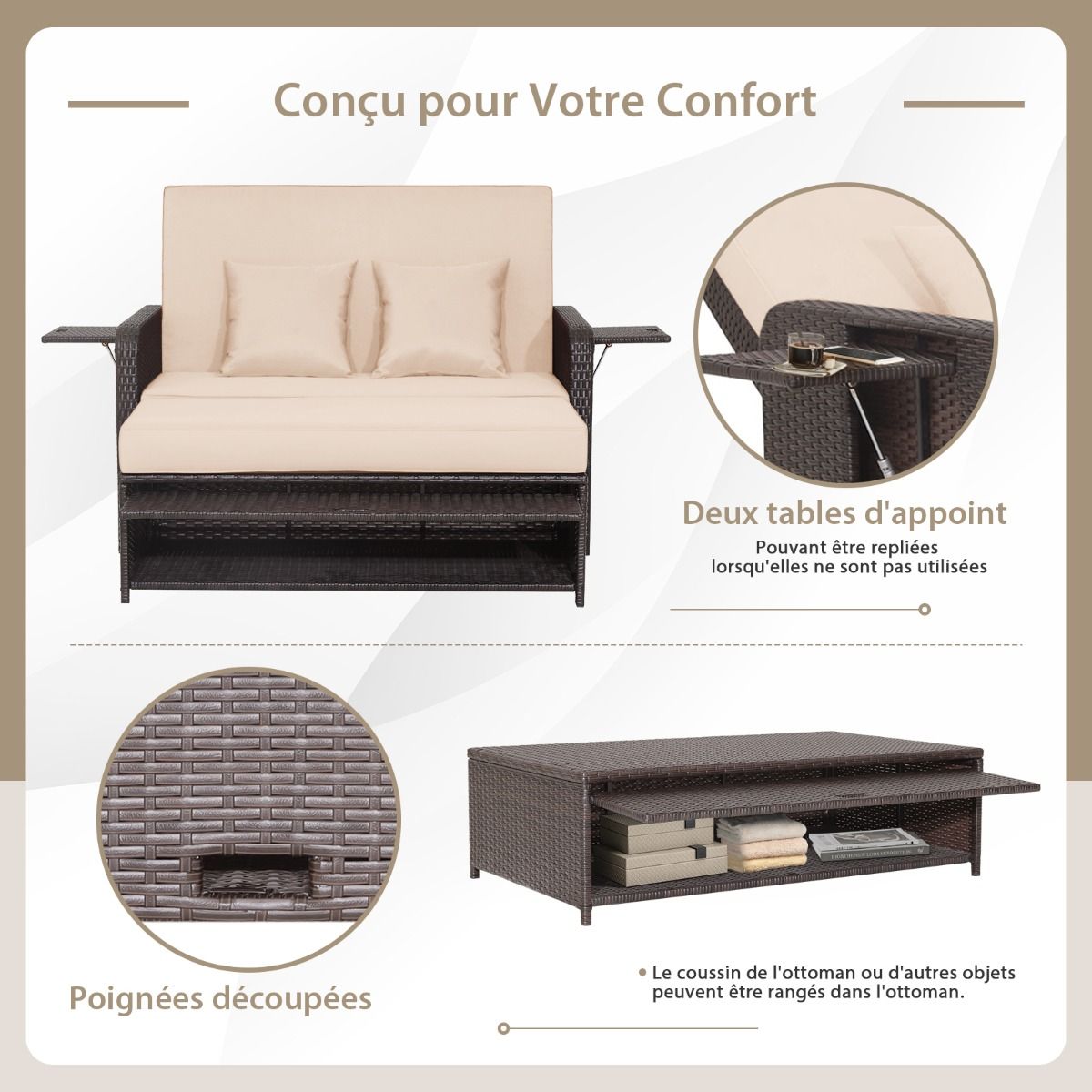 Salon de Jardin Extrieur Ajustable Lit,2 Place avec Stockage Cach,Dossier Rglable 4 Niveaux en Rotin PE -