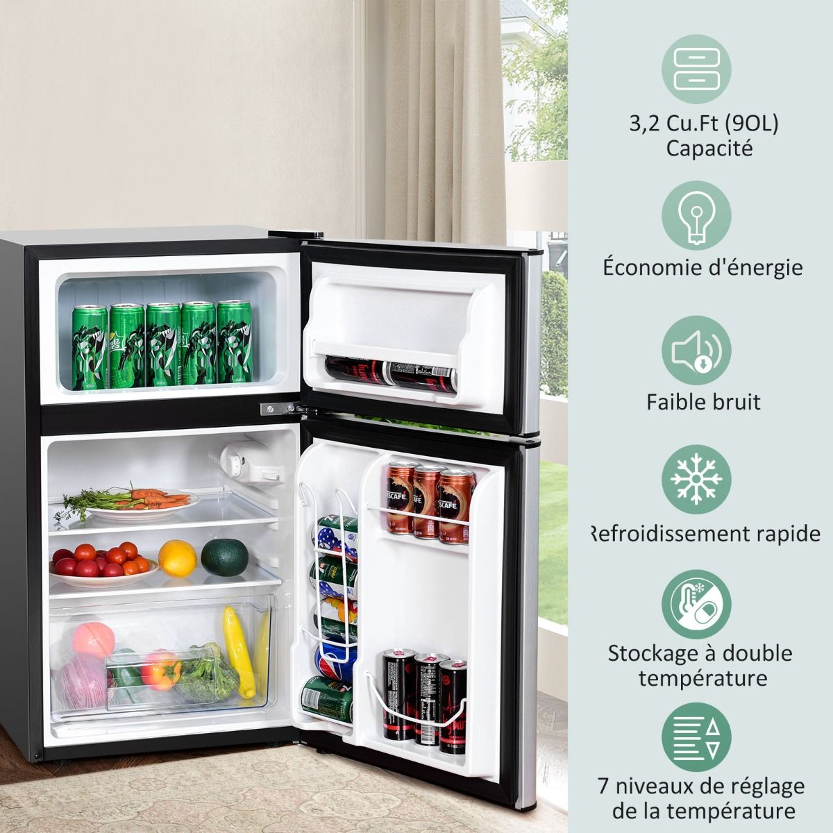 Rfrigrateur Compact Mini-rfrigrateur 90 L Conglateur Spar avec Design 2 Portes Fonctionnement Silencieux Blanc/Gris/Noir -