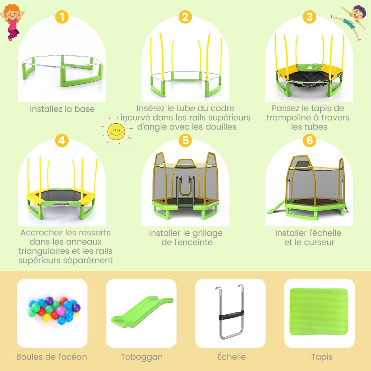Trampoline Extérieur Ø 223cm avec Toboggan&Echelle avec Filet de Sécurité 2 Portes en U Charge 270kg pour 2-3 Enfants de 3 Ans+ Bleu/Vert -