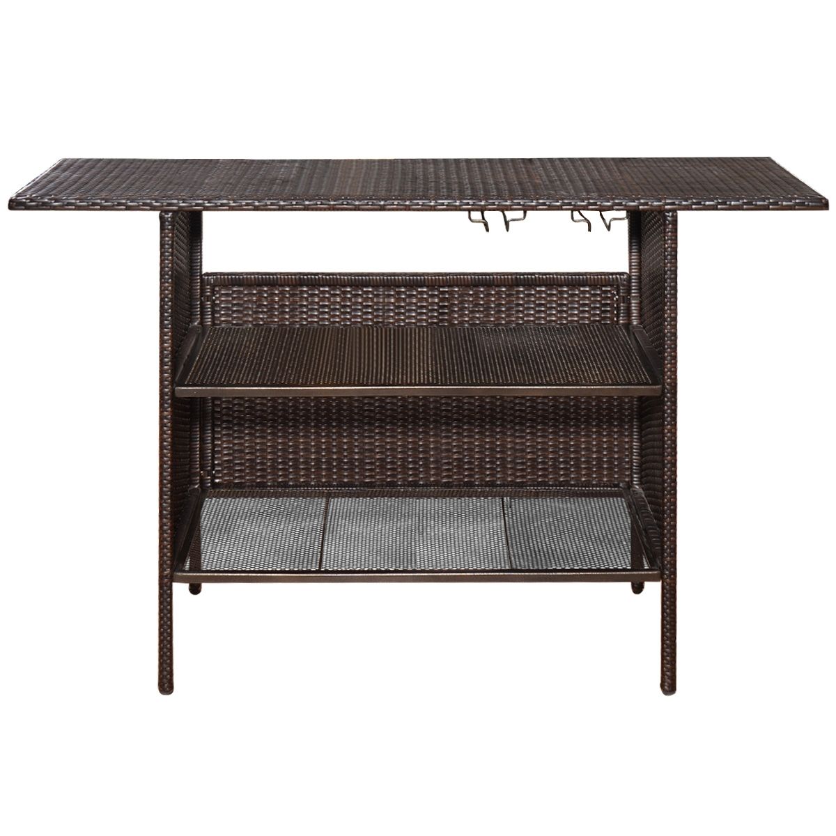 Table de Bar de Jardin en Rsine Tresse avec 2 Etagres de Rangement 2 de Rails pour Porte-Verres Marron -