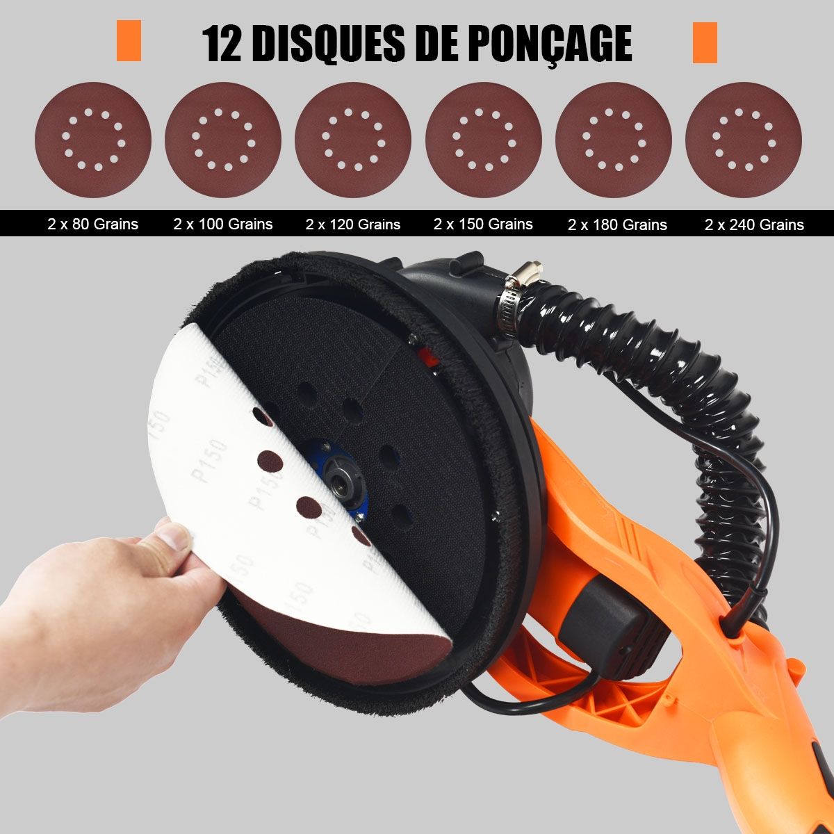 Ponceuse Pl芒tre Murale 750W 脴 225mm Aluminium 6 Vitesses Variables Lumires LED Manche Tlescopique 12 Disques Abrasifs -