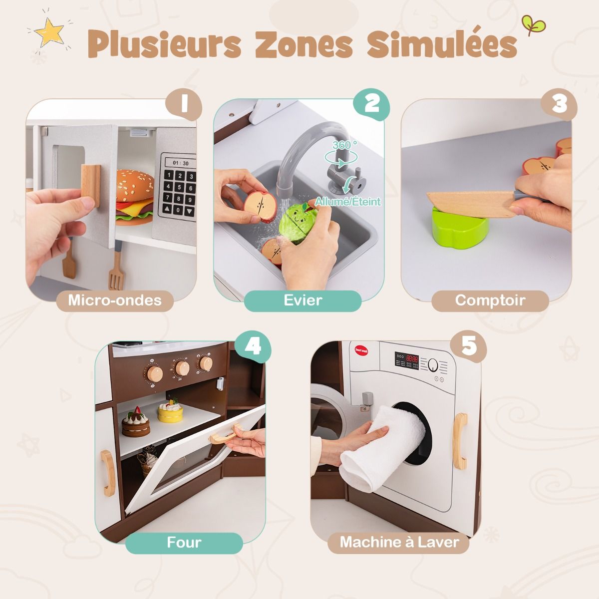 Jeu de Cuisine d'Angle pour Enfants de 3 Ans et Plus en Bois Machine Glaons Porte-serviettes Accessoires Effets Sonores et Lumineux -