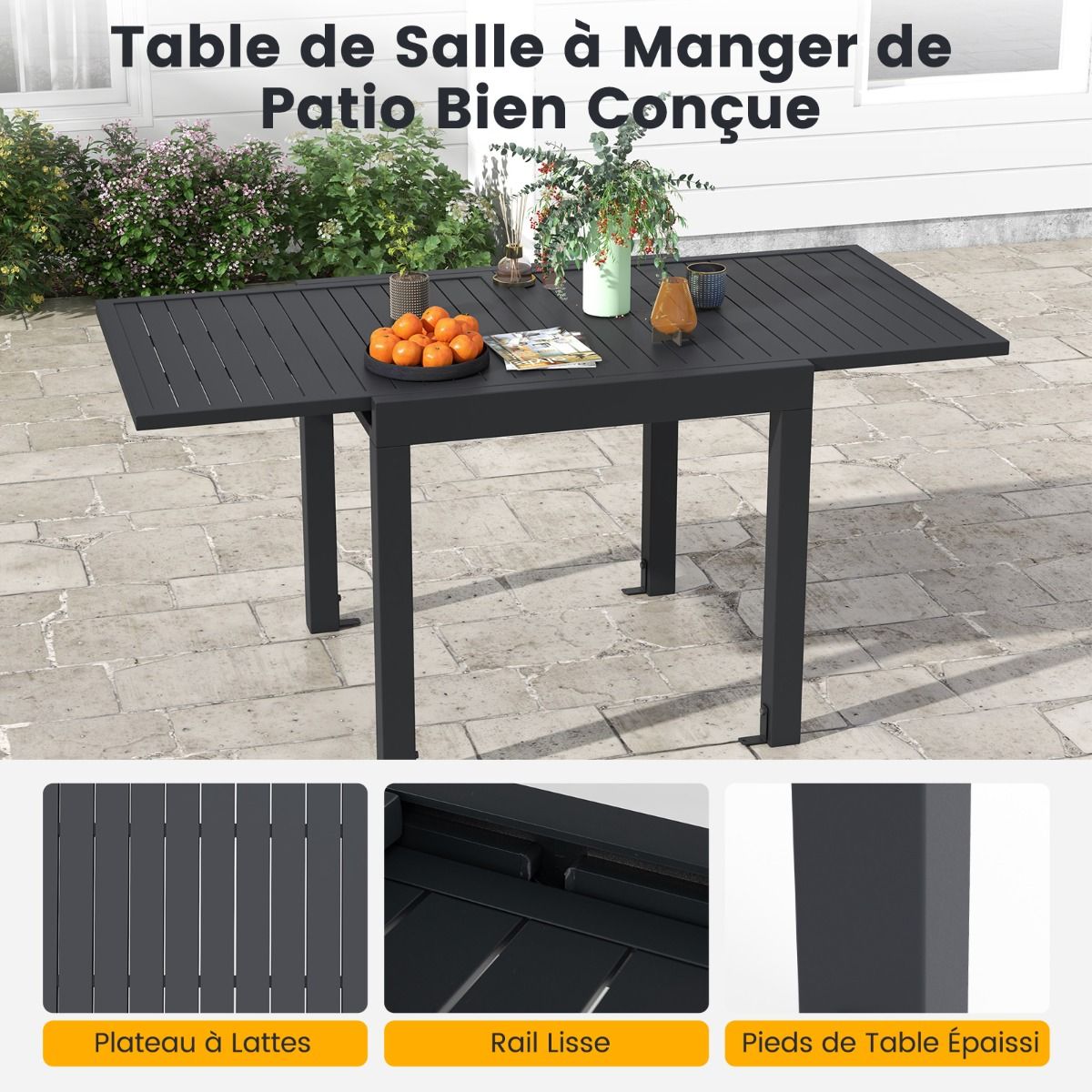 Table de Jardin Extensible en Aluminium Ajustable de 80 160 CM Table Manger Extrieure Plateau Lattes pour 4-6 Personnes Gris Fonc -
