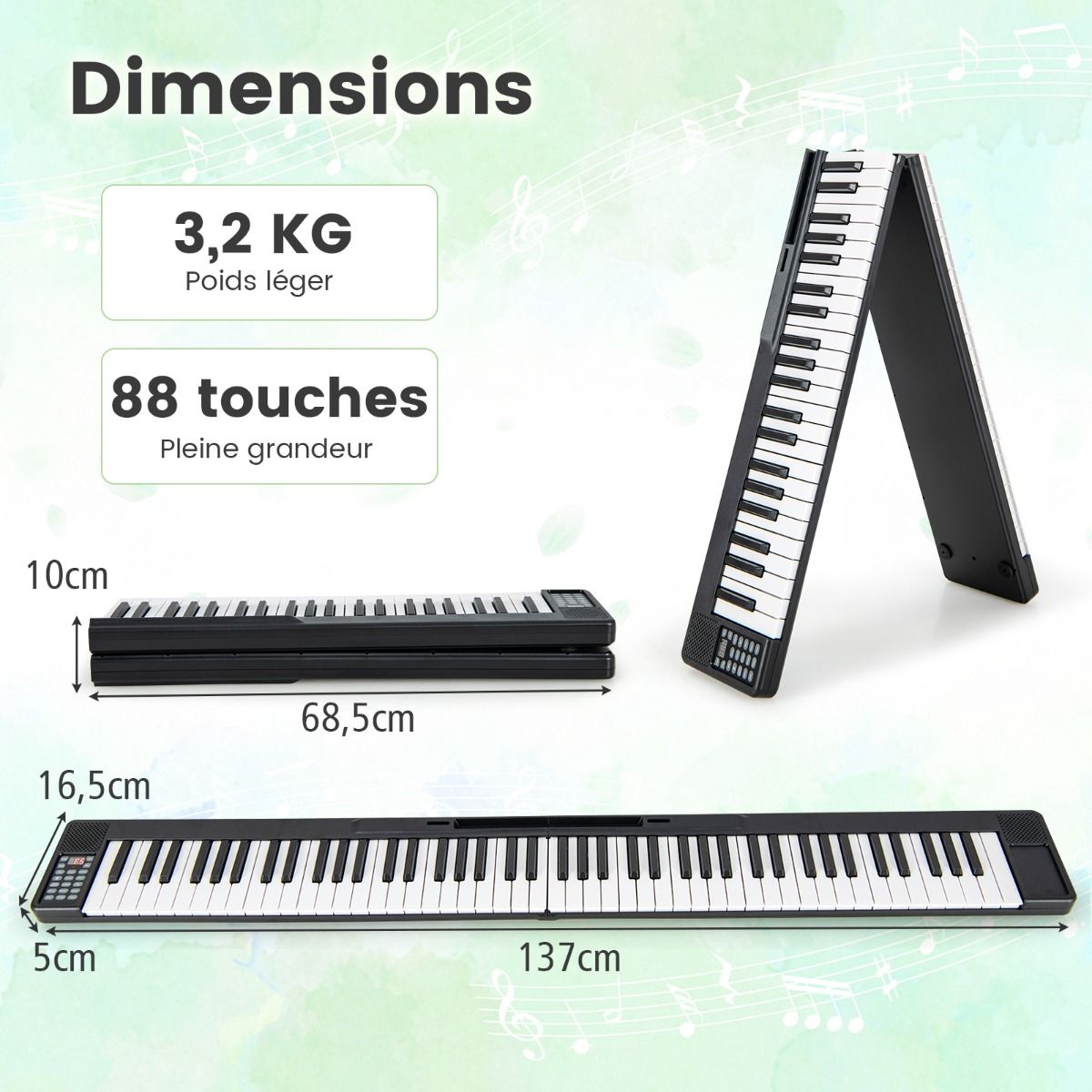 Piano Numrique Pliable 88 Touches avec Fonction Bluetooth MIDI Clavier lectronique Portable avec Pdale de Sustain Sac de Transport -
