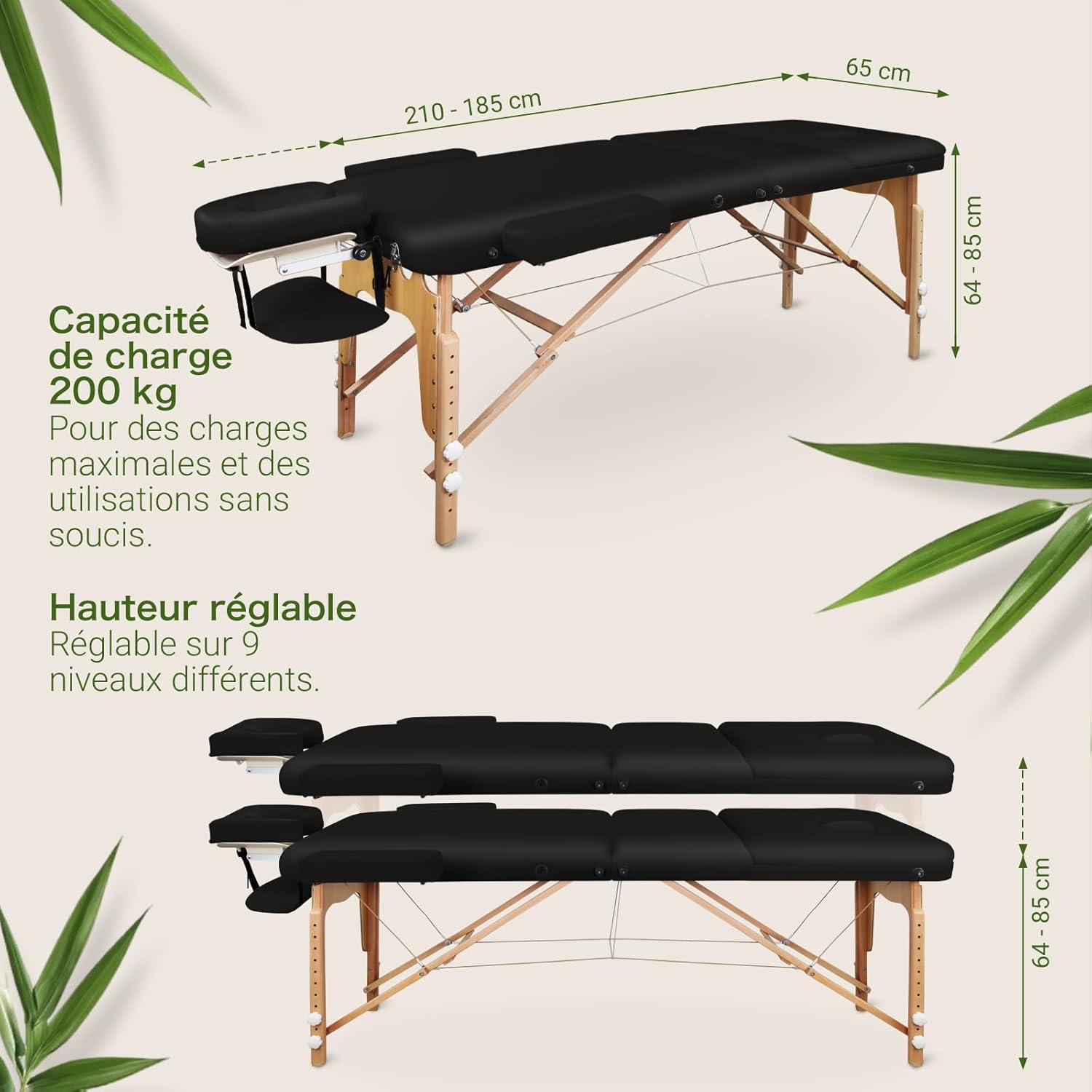 MASSUNDA All INKL Chaise de Massage Pliante et réglable en Hauteur – Table de Massage Mobile en Bois Massif avec Housse en éponge, accoudoirs et dossiers, appuie-tête Ergonomique (Noir)