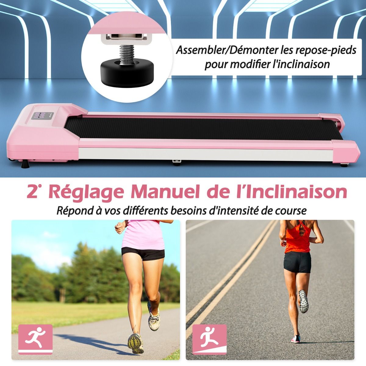 Tapis de Course Mince Tapis de Jogging avec Capacit de 120 Kg Tlcommande et cran Led Inclinable Roulettes Tapis de Course Glisser Gris/Noir/Rose -