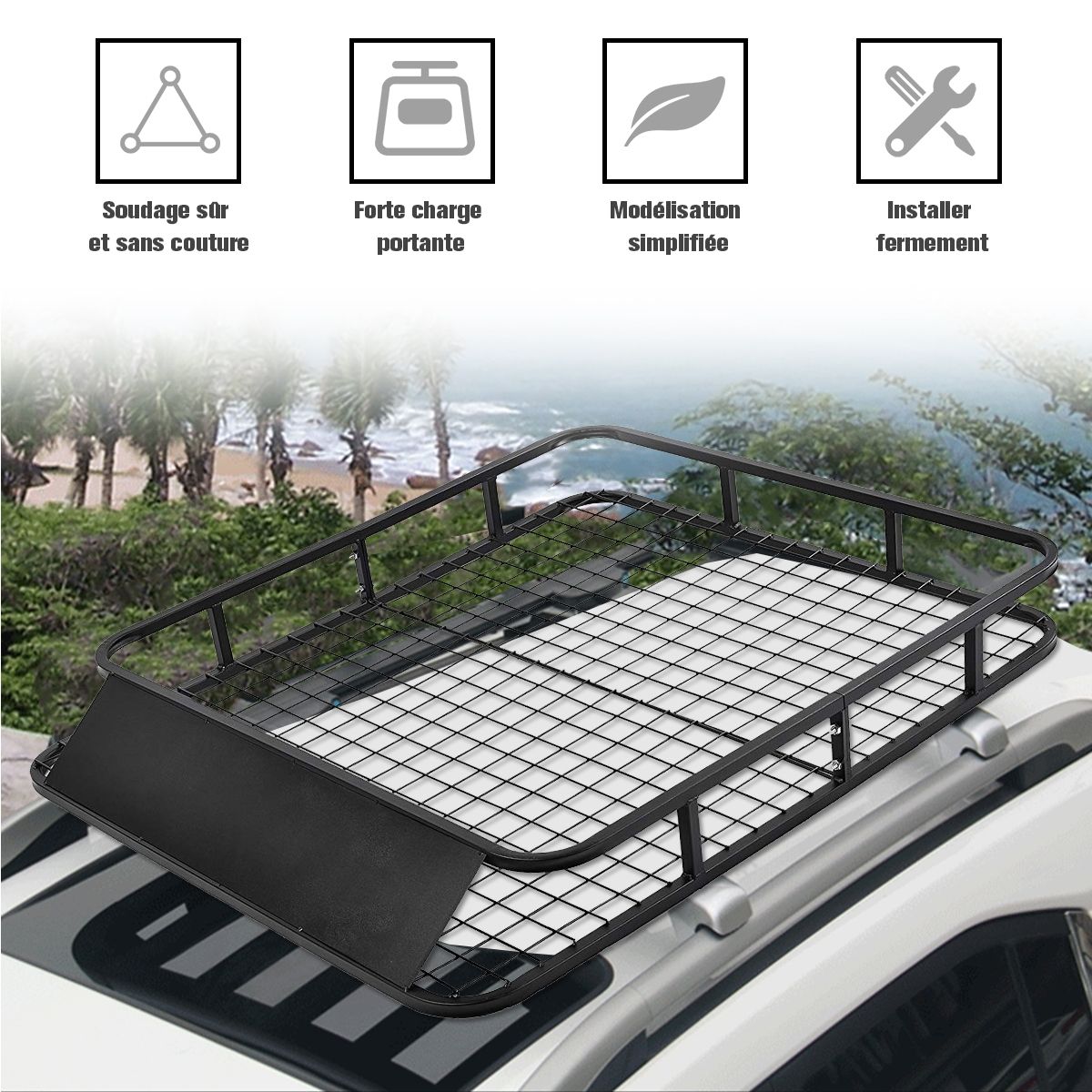 Porte-Bagages de Toit pour Voiture en Métal 122,5x102CM avec Déflecteur d’Air Capacité 75 KG Noir Accessoires Automobiles -