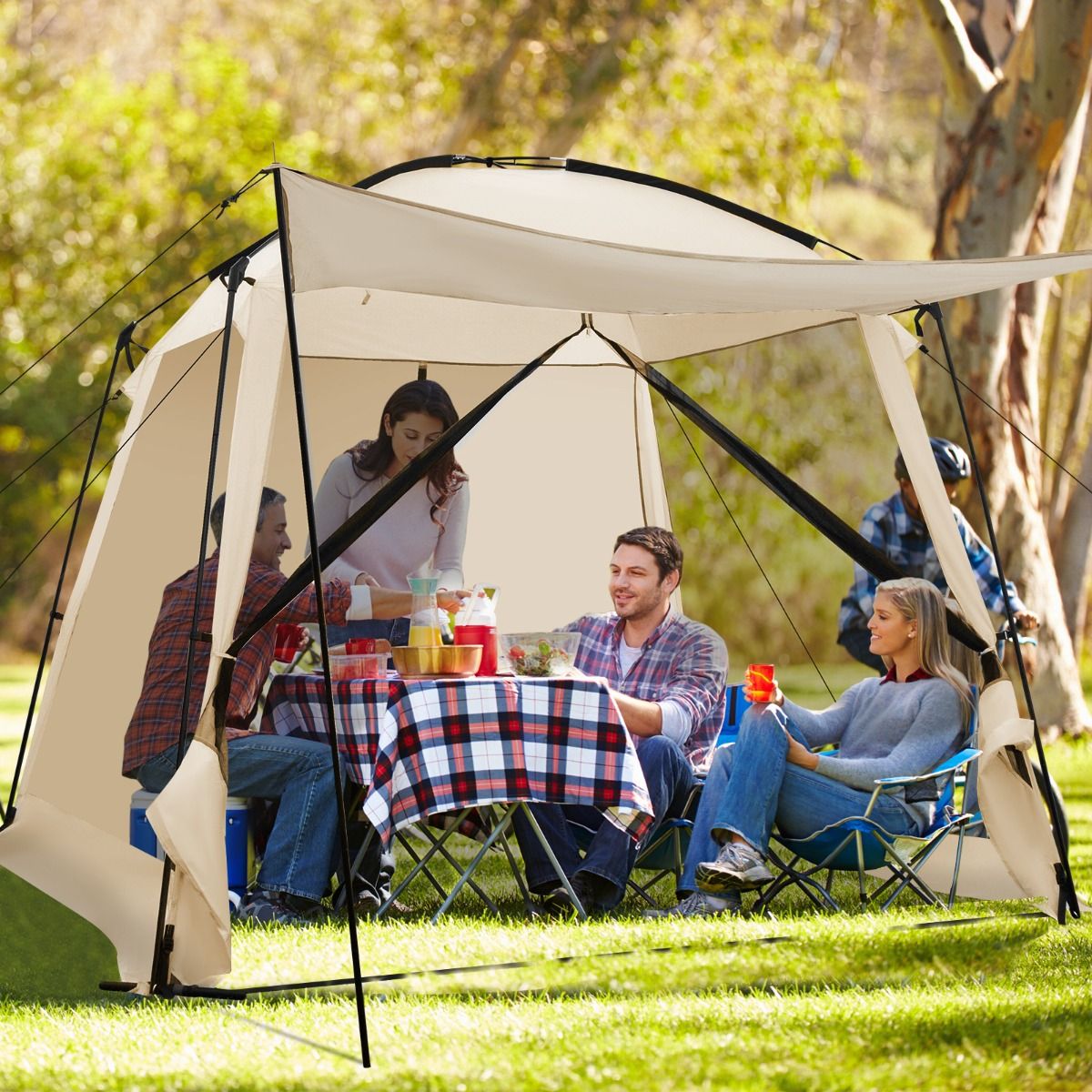 Tente de Camping pour 8-10 Personnes Tente Dôme avec Vestibule et Moustiquaire Porte Zippée Tente Portable avec Sac de Transport 300x300x250cm Beige -