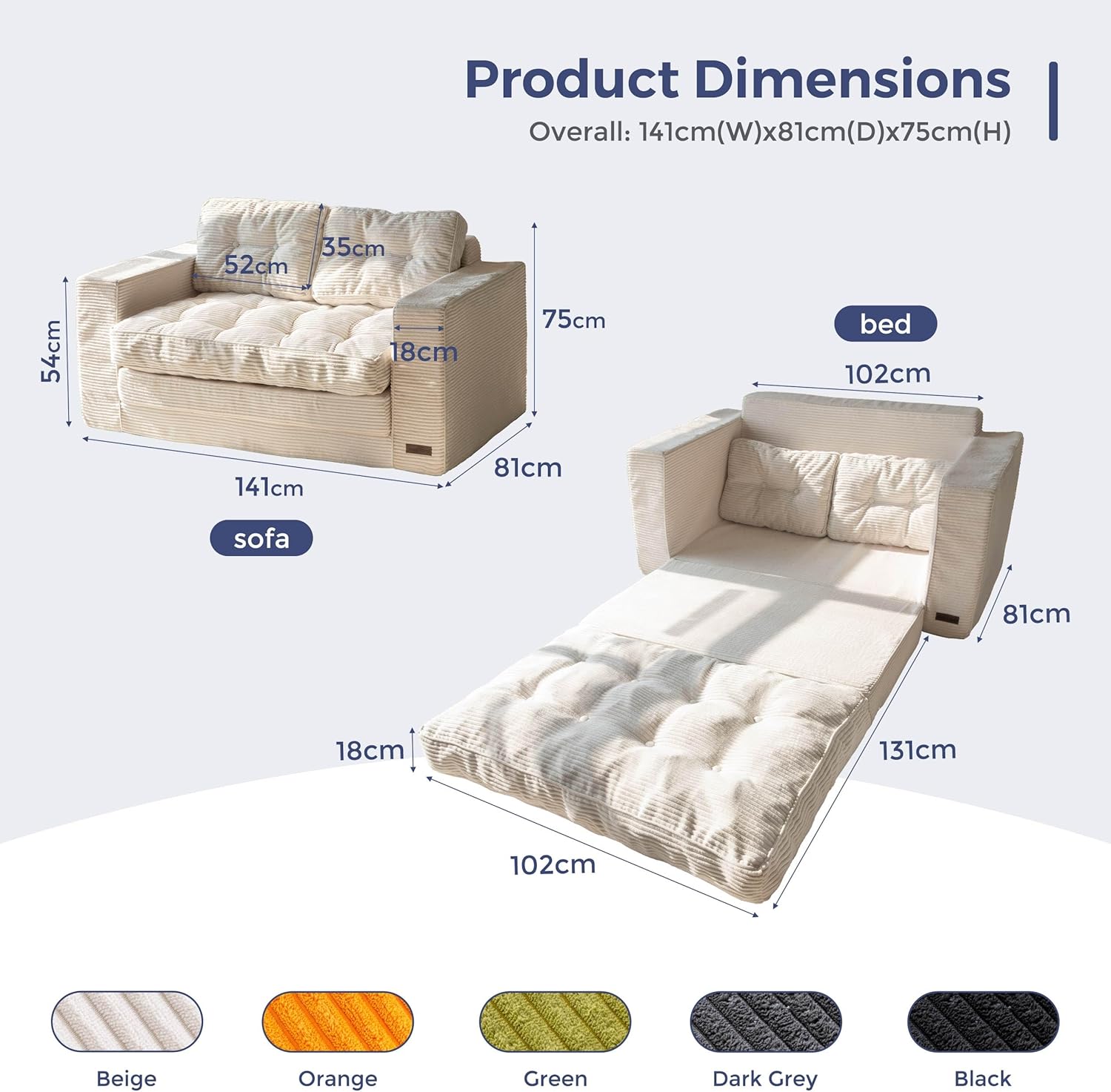 MAXYOYO Canapé-lit Convertible, Matelas Pliable Adulte Convertible Canapé-lit avec 2 Oreillers, Lit d'Appoint Surface de Couchage 101x196CM, Canapé pour Salon, Chambre à Coucher
