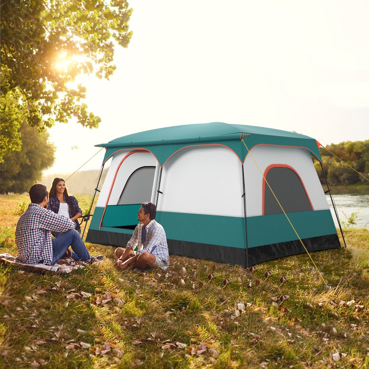 Tente de Camping pour 6/8/10 Personnes avec Auvent Grande Tente Familiale avec 2 Chambres 2 Portes 2 Fenêtres en Maille Vert -