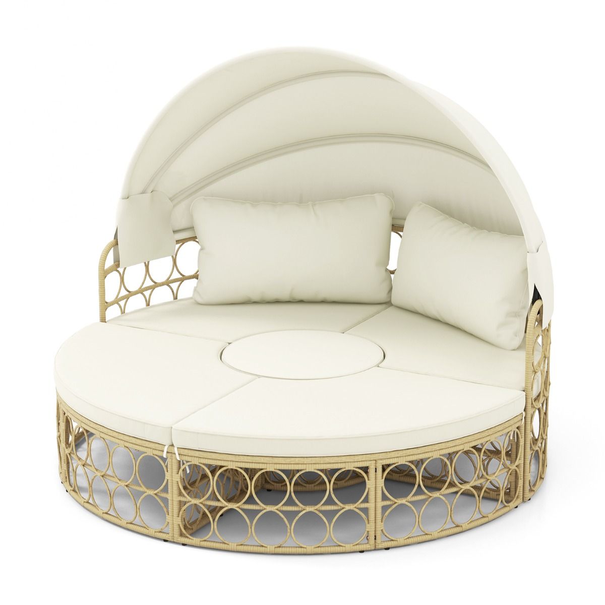 Lit de Repos Rond pour Patio avec Auvent Rtractable Ensemble de Sige Sectionnels Spars en Rotin PE avec Coussins Doux Blanc -