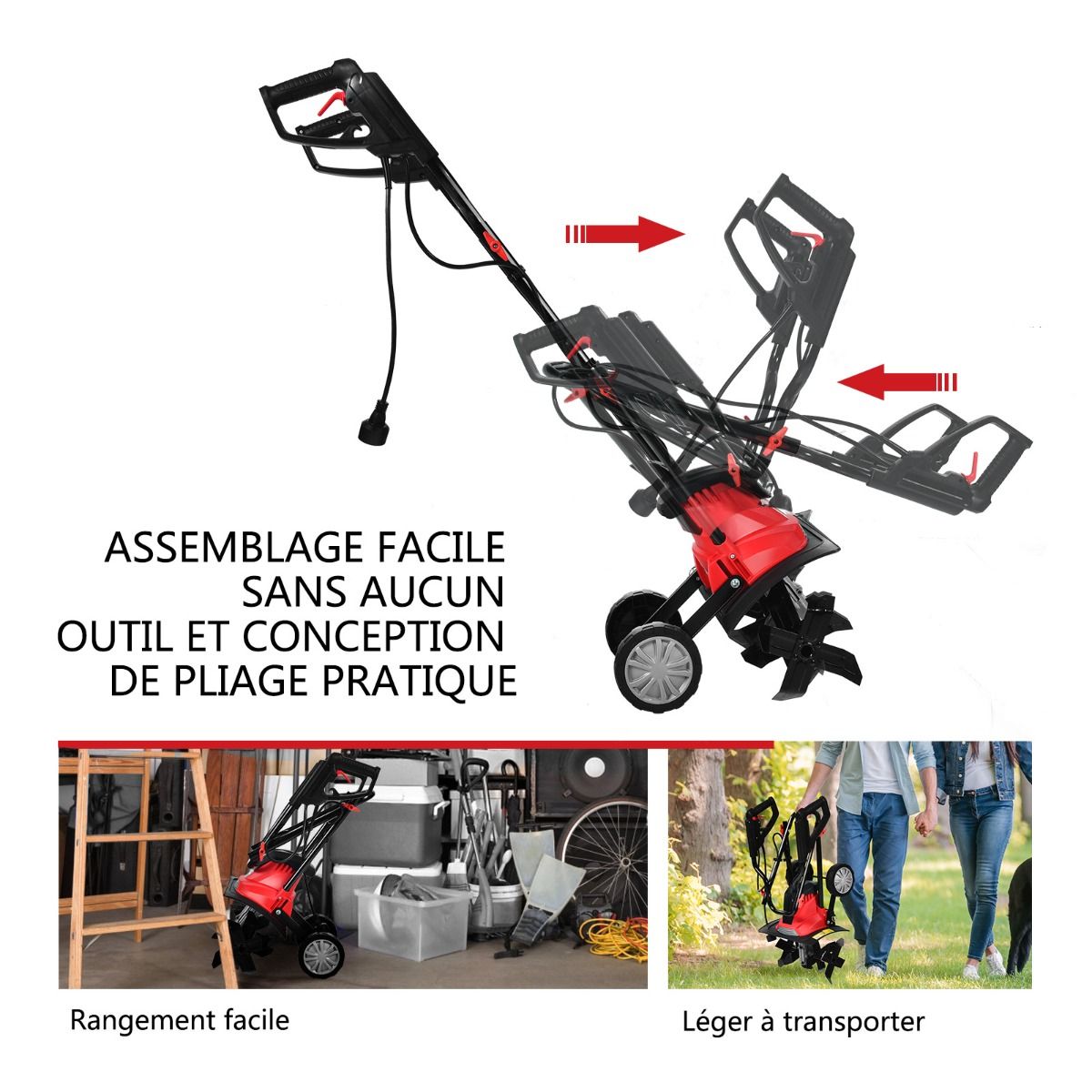 Motobineuse Motoculteur Électrique 1200W Profondeur Travail 22CM Largeur 35CM avec Poignée Pliable Roues Réglables 4 Lames -