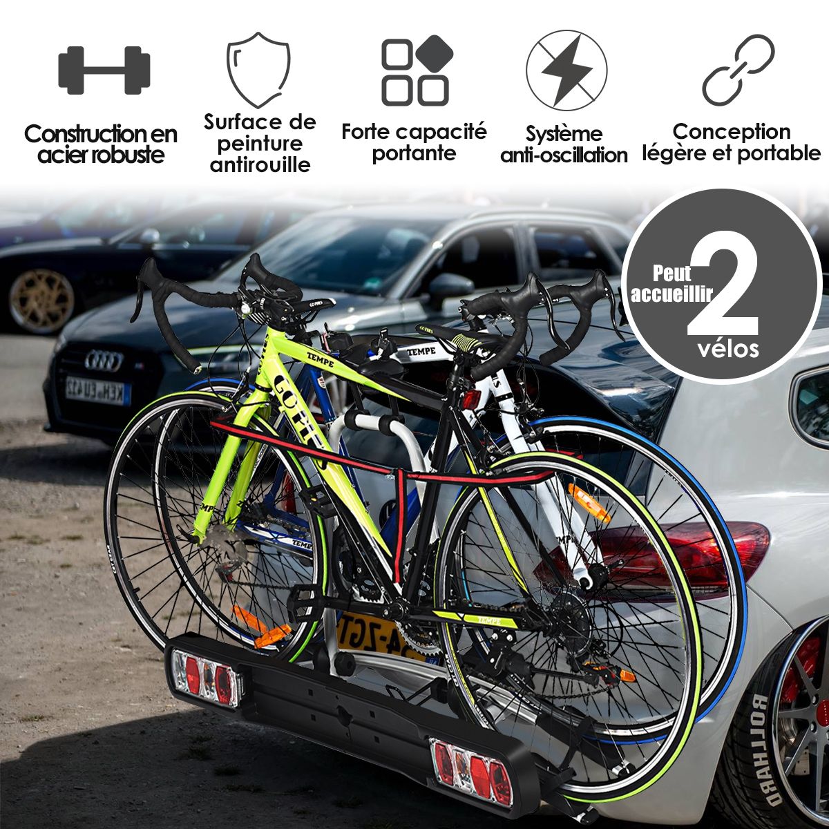 Porte-vélos pour Attelage sur SUV Berline Fourgon pour 2 Vélos Conception Intelligente de Basculement 113x72x63cm -