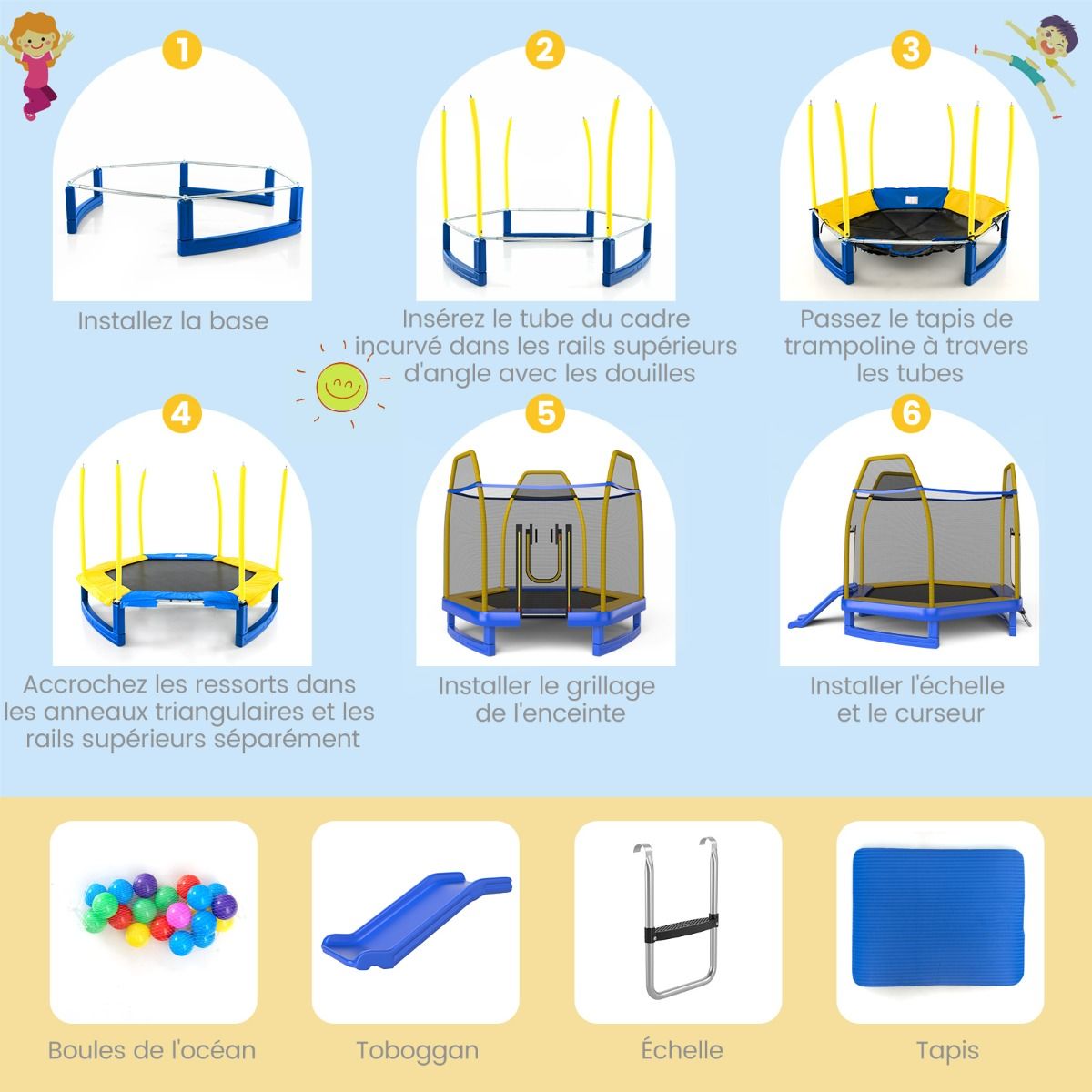 Trampoline Extérieur Ø 223cm avec Toboggan&Echelle avec Filet de Sécurité 2 Portes en U Charge 270kg pour 2-3 Enfants de 3 Ans+ Bleu/Vert -