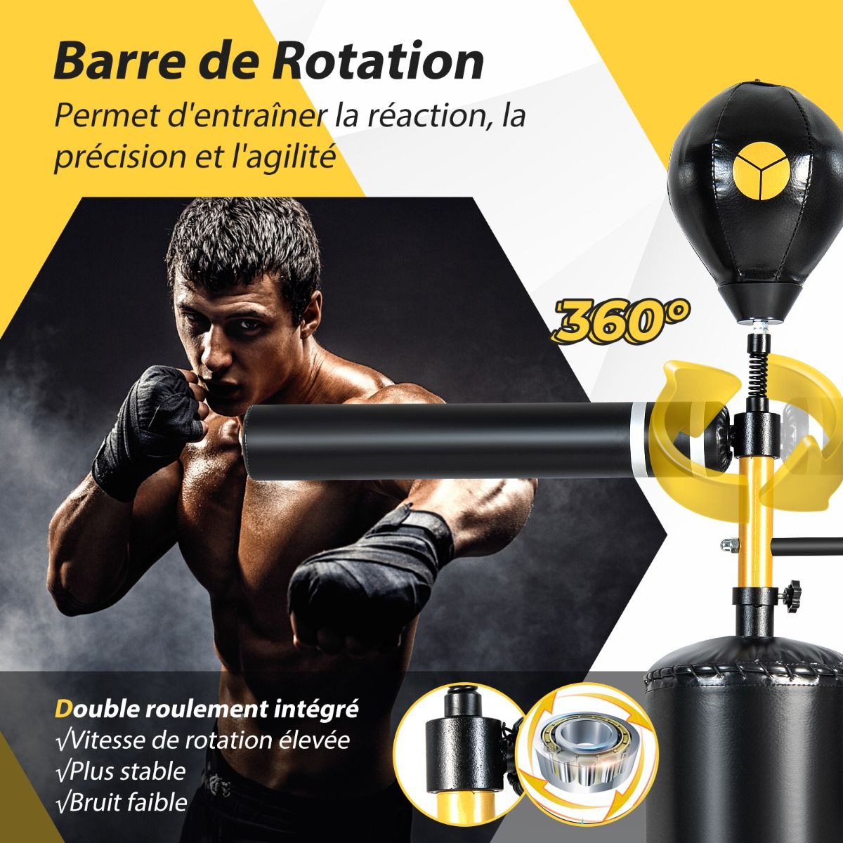 Sac de Frappe sur Pied Entraîneur de Vitesse en Boxe Barre Pivotante à 360° Punching Ball Hauteur Réglable 168-201cm pour MMA Adolescents & Adultes -