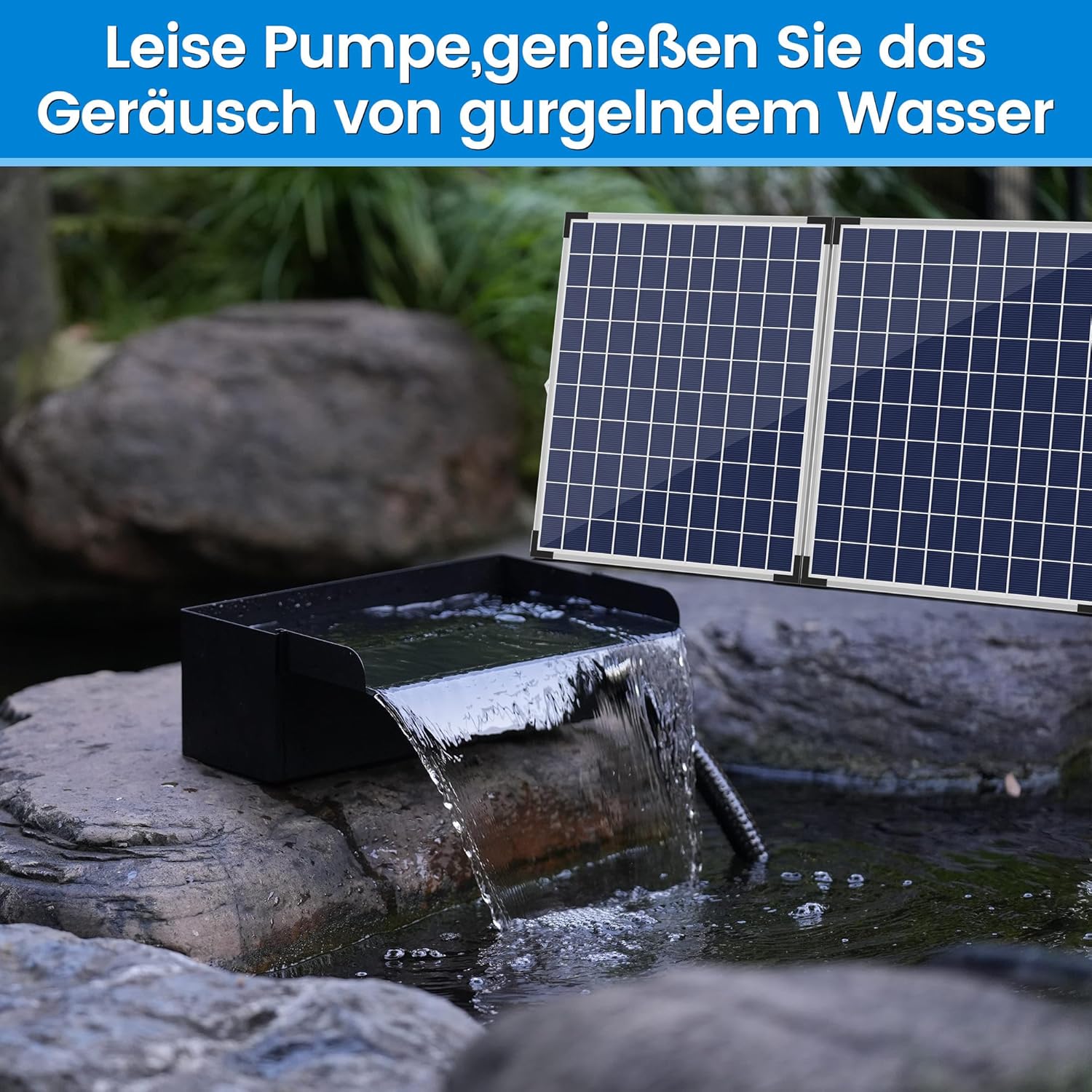 Kit complet de cascade solaire Biling pour bassin de jardin,cascade en acier inoxydable de 20 cm avec pompe de 2100 l/h pour mur d'eau de terrasse de jardin