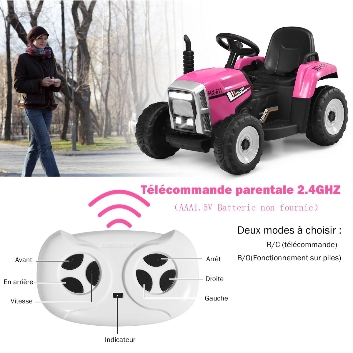 Tracteur Electrique avec Remorque pour Enfants 3 Vitesses Lumières LED Fonctions o USB et Bluetooth Jaune/Rose/Rouge/Vert/Vert Foncé/Noir -