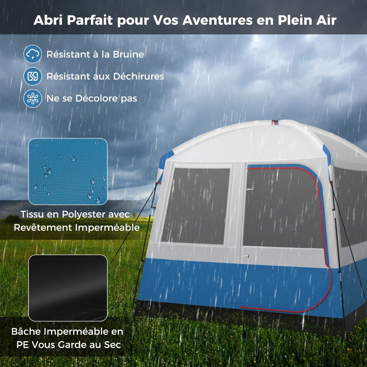 Tente de Camping pour 5 Personnes Tente Dôme Étanche avec Porte et Fenêtres en Maille Sac de Transport 248x248x230cm Bleu + Blanc -