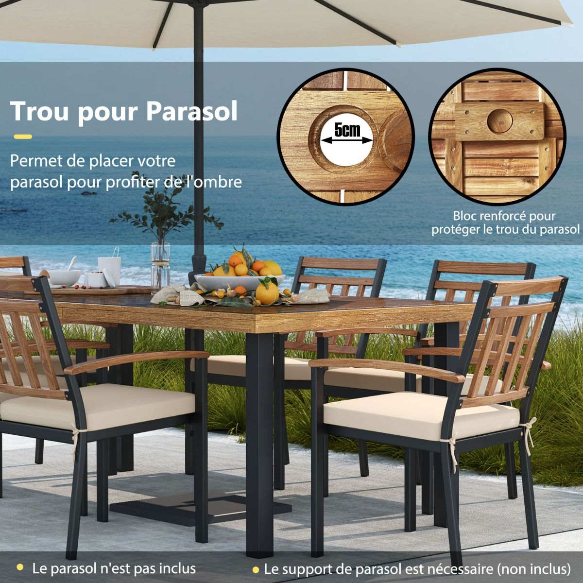 Table de Jardin 200 CM pour 8 Personnes Table Exterieur en Bois d’Acacia avec Trou de Parasol Dia.5 CM Design Latte Pieds en Métal -