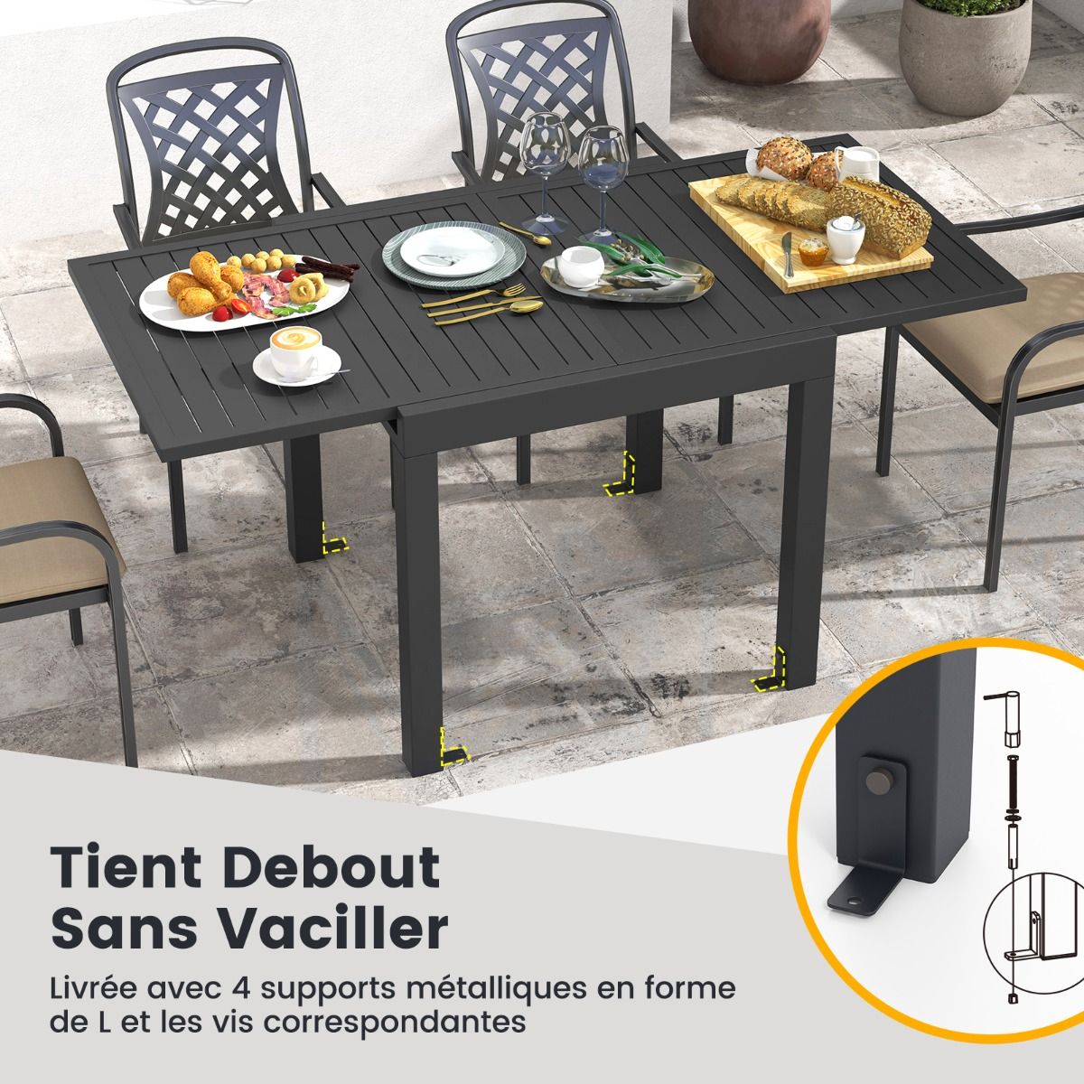 Table de Jardin Extensible en Aluminium Ajustable de 80 à 160 CM Table à Manger Extérieure Plateau à Lattes pour 4-6 Personnes Gris Foncé -