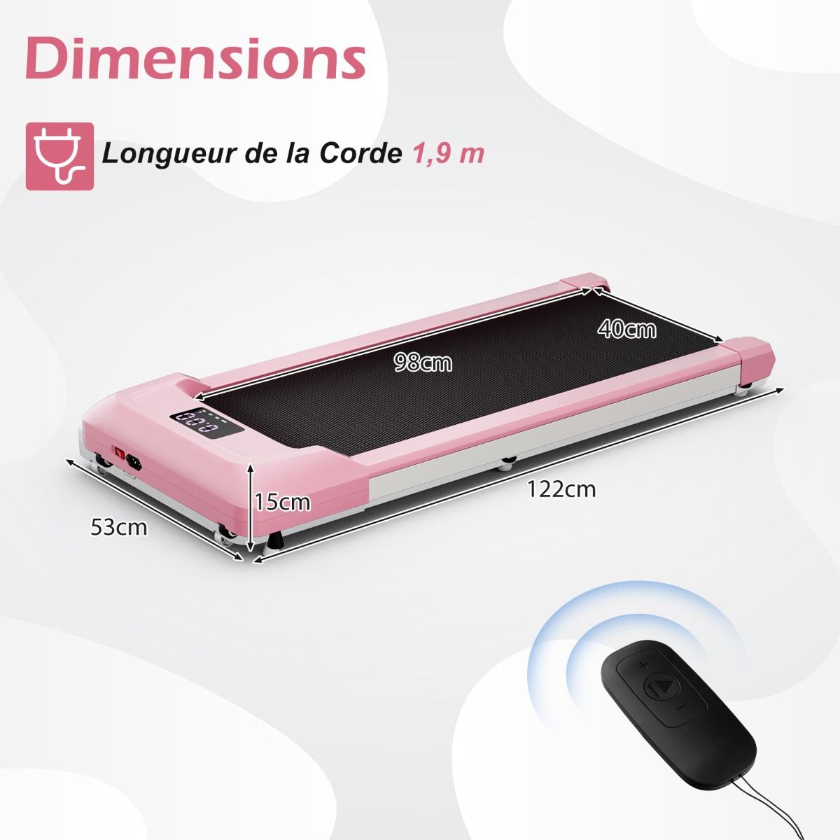 Tapis de Course Mince Tapis de Jogging avec Capacit de 120 Kg Tlcommande et cran Led Inclinable  Roulettes Tapis de Course  Glisser Gris/Noir/Rose -