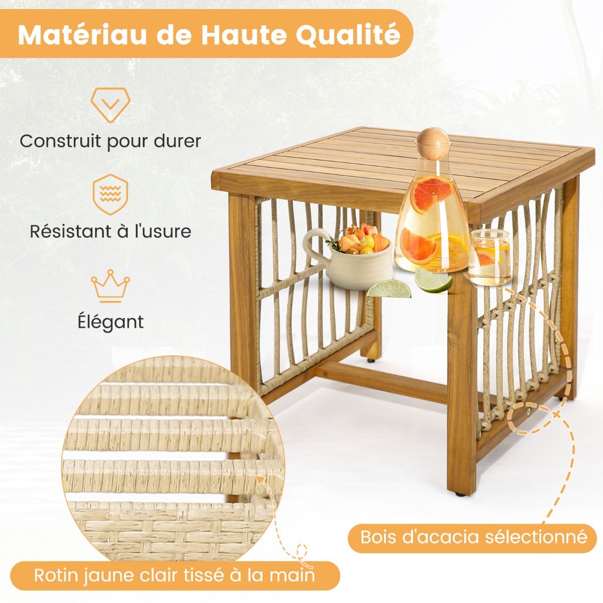 Salon de Jardin avec 1 Table et 2 Fauteuils en Bois d'Acacia et Rotin Anti-UV Pieds Rglables Coussins avec Zip Nautel -