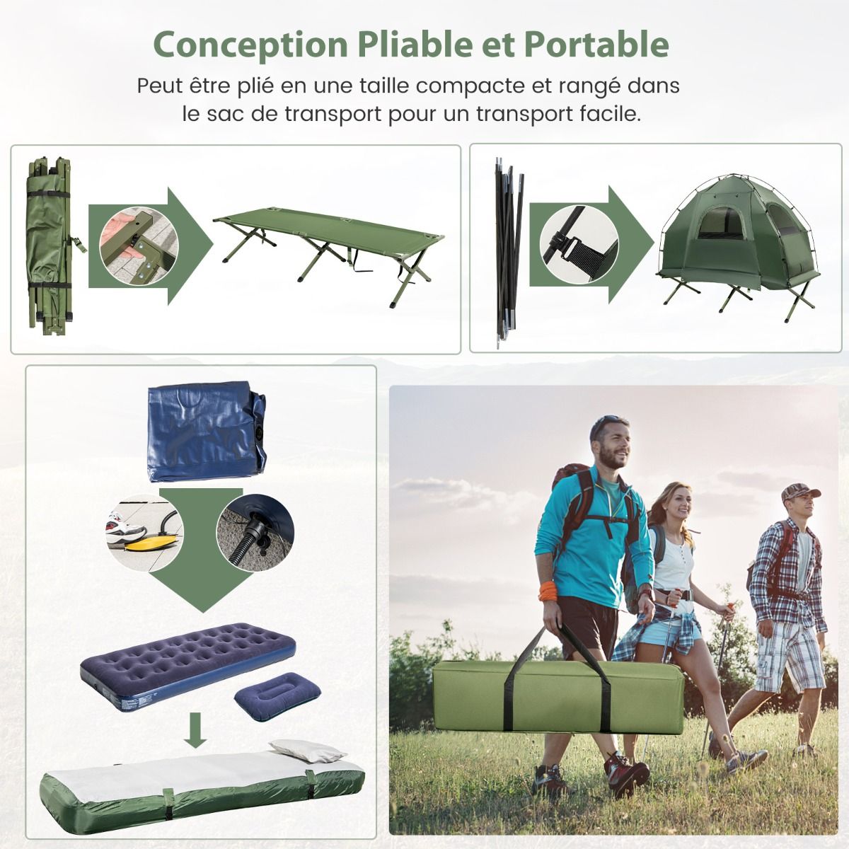 Tente de Camping avec Lit pour 1 Personne Lit de Camping Pliant 5 en 1 avec Matelas Pneumatique Oreiller Sac de Couchage Tente Surleve tanche -