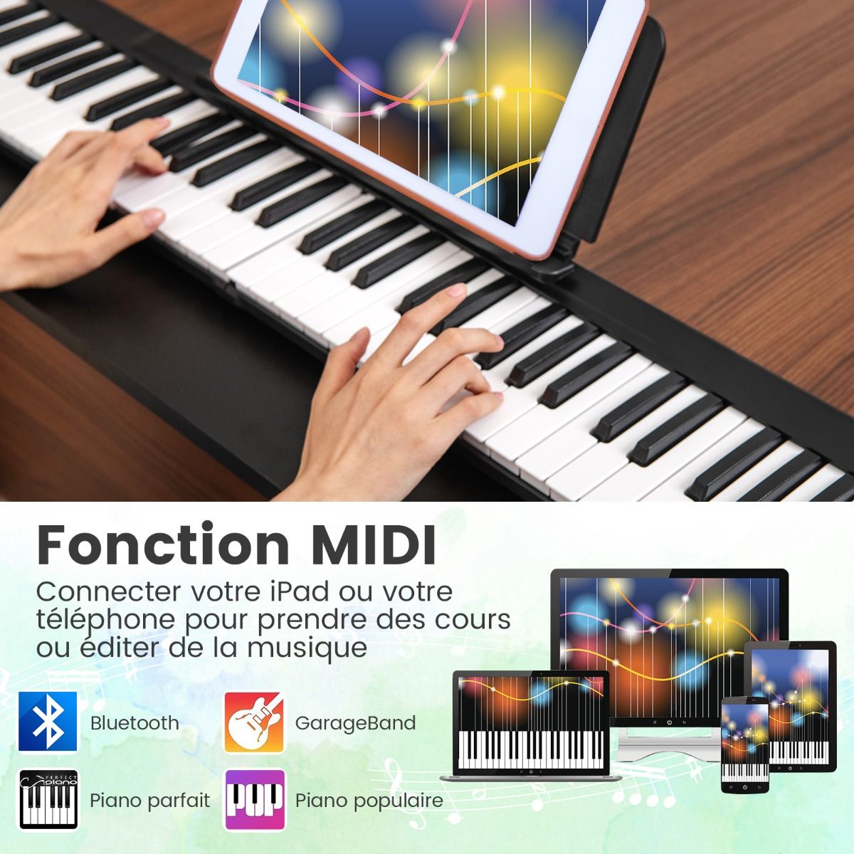 Piano Numérique Pliable à 88 Touches avec Fonction Bluetooth MIDI Clavier Électronique Portable avec Pédale de Sustain Sac de Transport -