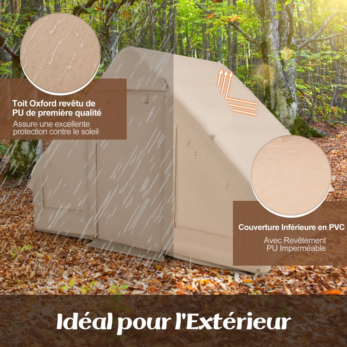 Tente de Camping Gonflable 6 m² pour 4-6 Personnes Tente en Coton Coupe-vent et Imperméable avec Pompe 7 Fenêtres à Moustiquaire Beige -