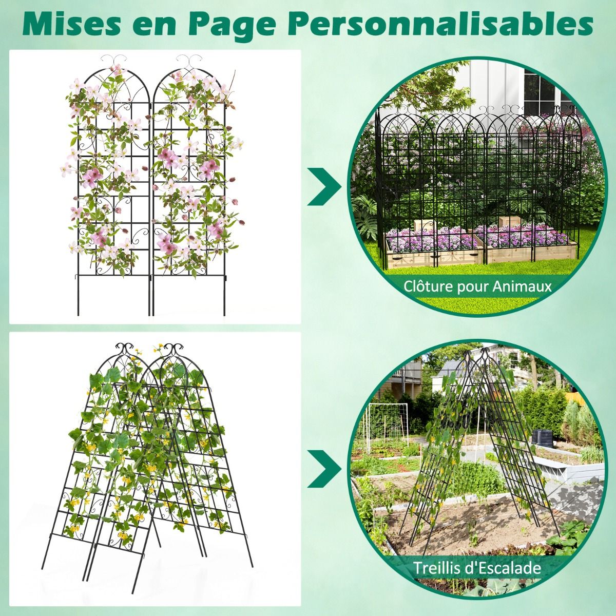 Lot de 4 Treillis de Jardin en Métal 180 x 50 cm Clôture Décorative pour Plante Grimpante Grille Fleurs Antirouille pour Jardin Cour Patio Noir -
