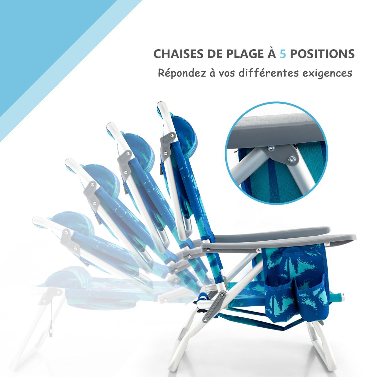 Lot de 2 Chaises de Camping Plage Pliante Table Enroulable en Aluminium Appui-tête Dossier Réglable à 5 Positions 6 Couleurs au Choix -