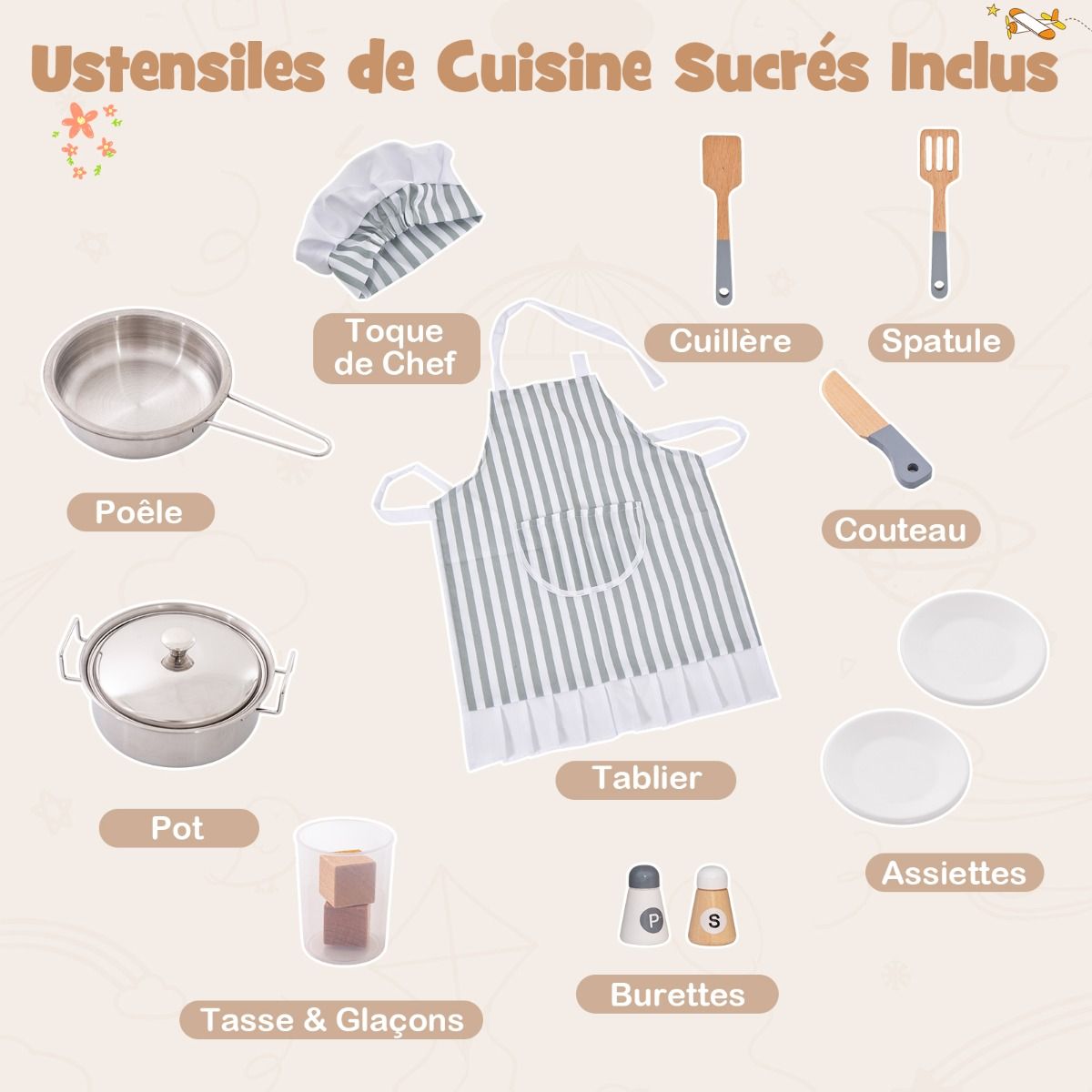 Jeu de Cuisine d'Angle pour Enfants de 3 Ans et Plus en Bois Machine  Glaons Porte-serviettes Accessoires Effets Sonores et Lumineux -